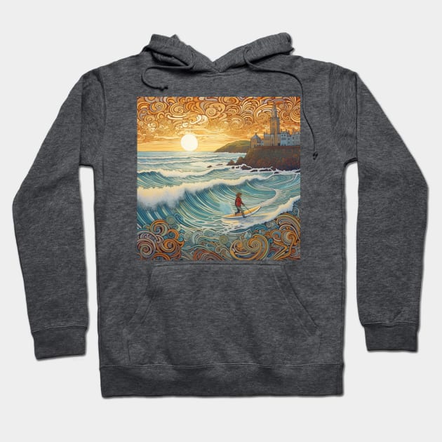 Lone Surfer At Fistral Beach Folk Art Hoodie by EpicFoxArt